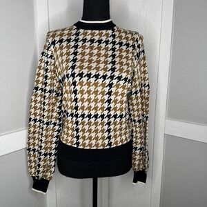 Who What Wear Sweater Womens Small Brown Houndstooth Puff Sleeve Knit Top